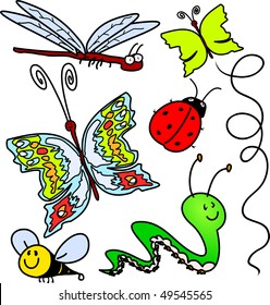 Different group of insects drawn with childish style, vector