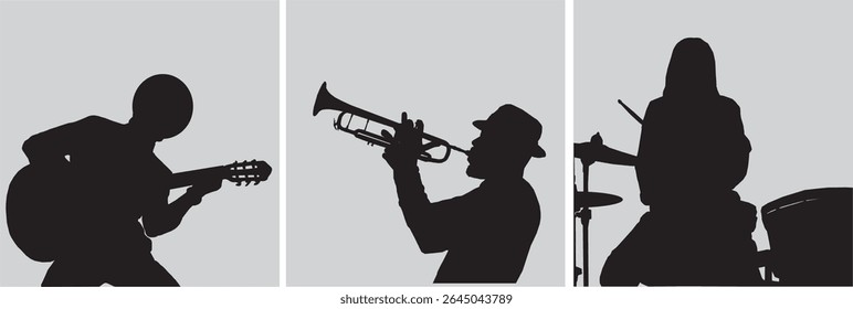 diferente grupo de músico silhueta preto