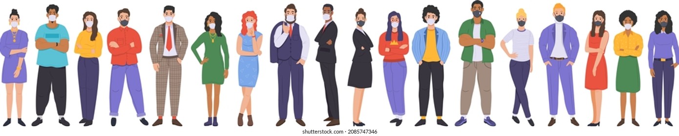 Different group of people wearing protective medical masks. People protecting themselfves from the Coronavirus. Vector illustration