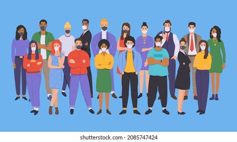 Different group of people wearing protective medical masks. People protecting themselfves from the Coronavirus. Vector illustration