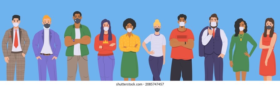 Different group of people wearing protective medical masks. People protecting themselfves from the Coronavirus. Vector illustration