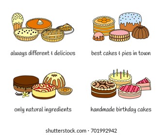 Different groups of cakes and pies isolated on white background. Vector hand drawn illustration.