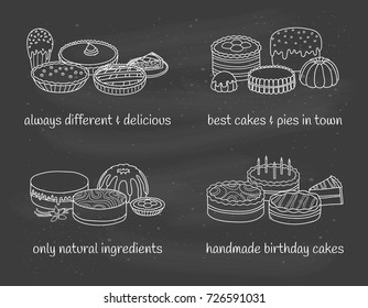 Different groups of cakes and pies isolated on the blackboard. Vector hand drawn outline illustration.