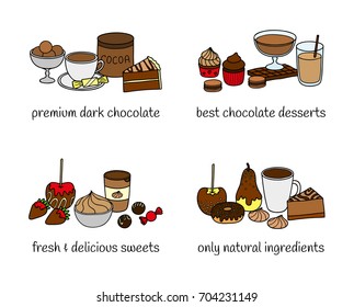 Different groups of chocolate desserts and sweets isolated on white background. Vector hand drawn illustration.