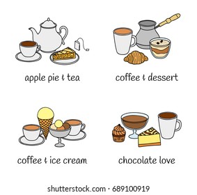 Different groups of desserts and beverages isolated on white background. Vector hand drawn illustration.