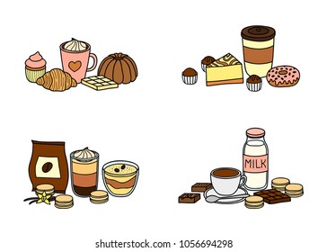 Different groups of desserts and coffee isolated on white background. Vector hand drawn illustration.