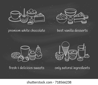Different groups of desserts and sweets in white chocolate isolated on the blackboard. Vector hand drawn outline illustration.