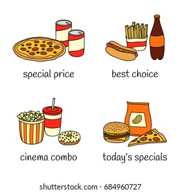 Different groups of fast food meals isolated on white background. Vector hand drawn illustration.