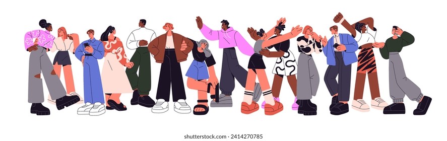 Different groups of people set. Happy friends greeting, hug. Colleagues communicate. Characters standing with phone. Conversation in society. Flat isolated vector illustration on white background