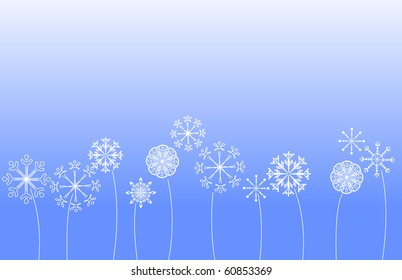 Different growing snowflakes on blue background