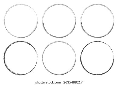 Diferentes trazos de círculo de pincel grunge. Pinceladas de tinta sucia dibujadas a mano. Conjunto de círculo de Grunge. Ilustración vectorial.