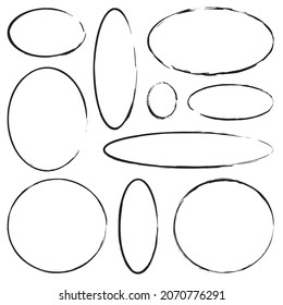 Different grunge circles. Empty geometric figures. Decorative art. Design concept. Vector illustration. Stock image.
