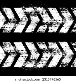 Different grunge white tire tracks with ink blots splashes isolated on black background