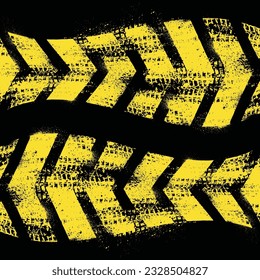 Different grunge yellow tire tracks with ink blots splashes isolated on black background