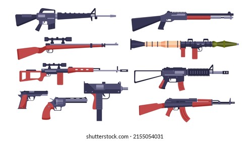 Diferentes pistolas o pistolas de ametralladora conjunto de ilustraciones. Fusiles coloridos, escopetas, tiradores, bazooka, pistolas para juegos aislados en fondo blanco. Armamento automático, juguete, concepto de disparo