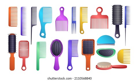 Different hair brushes and accessories set. Vector illustrations of hairbrushes and combs for hair care. Cartoon grooming equipment of hairdresser isolated on white. Barbershop, beauty concept