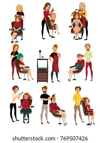 Different hairdressers serving clients set, man and woman in barbershop, hairdressing salon cartoon vector Illustrations