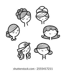 Different hairstyles depicted in a playful illustration of girls with varied hairdos in a simple style