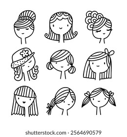 Different hairstyles depicted in a playful illustration of girls with varied hairdos in a simple style