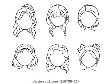 Different hairstyles depicted in a playful illustration of girls with varied hairdos in a simple style