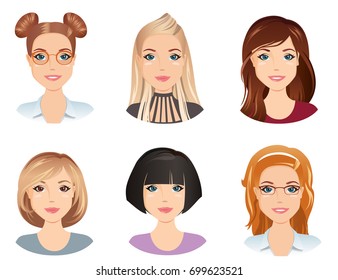Different hairstyles, female, for the girl, young adult, woman, set 6, / flat design, vector illustration