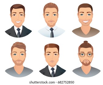 Different hairstyles for men. Collection of male images with beards mustache, glasses, isolated, vector, illustration