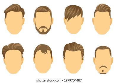 Different hairstyles for men vector illustrations set. Male cartoon faces with various types of short haircuts, facial hair or mustache. Hairdresser, barber, fashion concept