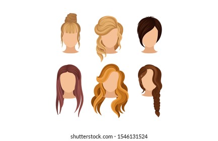 Different Hairstyles Vector Illustrated Set. Woman Hairdo Concept