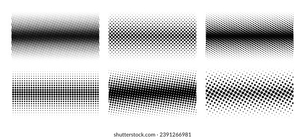 Different halftone gradient backgrounds set. Cartoon dots texture wallpaper collection. Black and white comic design cover pack for banner, poster, print. Pop art dotted vector illustration bundle