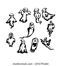 Different halloween ghost vector collection. Cute ghost bundle. Black ghosts on white background. Set of different halloween cute ghosts.