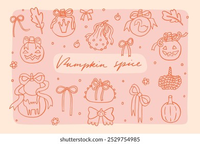 Different Halloween pumpkins set in coquette style. Autumn cozy pumpkin patch line art whimsical illustration collection. Fall stickers isolated on pink background. Vector hand drawn clip art