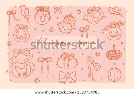 Different Halloween pumpkins set in coquette style. Autumn cozy pumpkin patch line art whimsical illustration collection. Fall stickers isolated on pink background. Vector hand drawn clip art