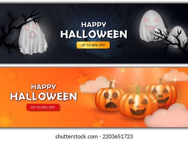 Different Halloween sale posters - dark wallpaper with ghosts and graveyard and orange banner with Jack-o-lanterns, clouds and stars. Discount offering. Backdrops with phantoms and pumpkins