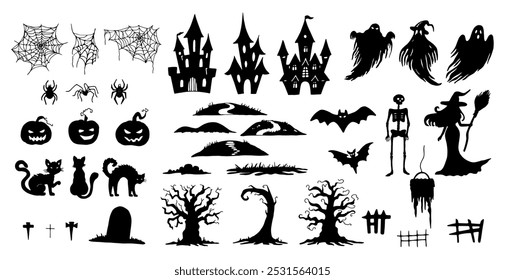 Different Halloween silhouette elements. Black and white shapes illustration. Hand drawn graphic clip art. Line sketch of ghosts with witch and skeleton for creepy holiday decor. Simple Doodle style.