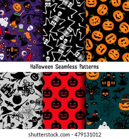 Different halloween vector pattern set. Endless texture set for web page or wrapping with pumpkin and skeleton, witch and tree ogre