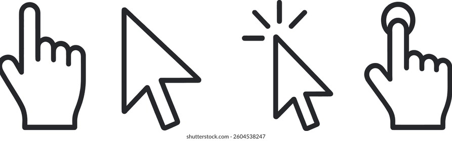 Different hand and cursor symbols illustrate actions like pointing, clicking, and touching on digital interfaces. These icons are essential for user engagement and navigation.