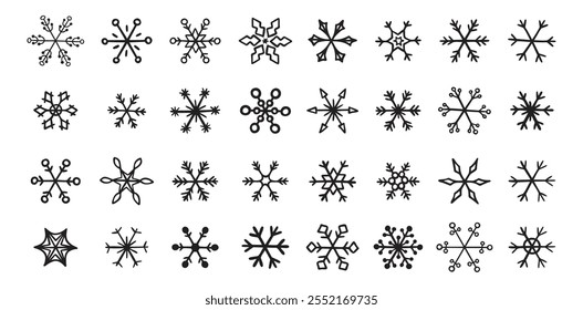Diferente mão desenhar ícones floco de neve conjunto. Desenhando flocos de neve bonitinhos de inverno. Ilustração vetorial