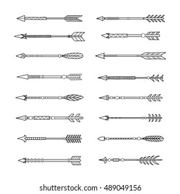 Different hand drawn boho indian arrows isolated on white background. Can be used for wedding invitations, prints, coloring books for adults.