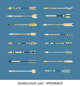 Different hand drawn boho indian arrows isolated on blue background. Can be used for wedding invitations, prints, postcards, posters.