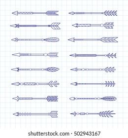 Different hand drawn boho indian arrows isolated on graph paper background. Can be used for wedding invitations, prints, coloring books for adults.