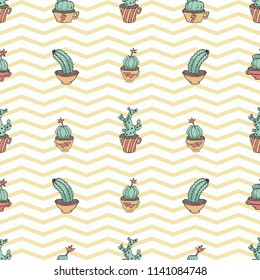 Different hand drawn Cactus in Mexican style. Succulent in the pot. Seamless pattern