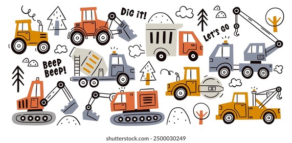 Different hand drawn childish industrial machine and construction vehicles set at work on street. Variety of heavy machinery and engineering automobile with equipment doodle vector illustration