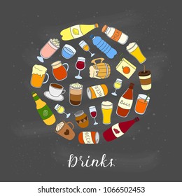 Different hand drawn colorful liquid drinks composed in circle shape with lettering.
