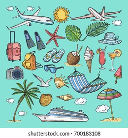 Different hand drawn coloring summer icons set. Tropical illustrations. Slippers, cocktail, bikini and other vacation ellements