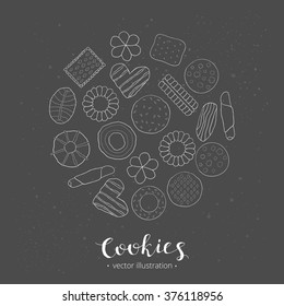 Different hand drawn cookies composed in circle shape with lettering.