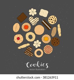 Different hand drawn cookies composed in circle shape with lettering.