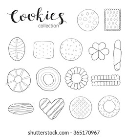 Different hand drawn cookies isolated on white background.