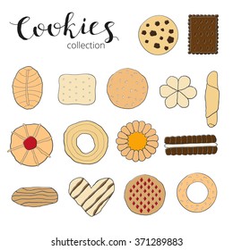 Different hand drawn cookies isolated on white background.