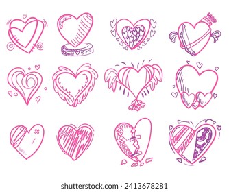 Different hand drawn hearts set Different style of hearts isolated on white background. Doodle hearts sketch set. Various different hand drawn heart icon love collection.