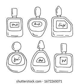 Different hand drawn isolated bottles of perfume in doodle style. Contour, colorful. Endless texture for fashion design,wrappings,fabrics.